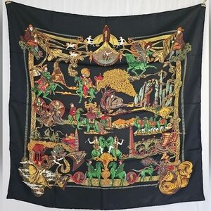 HERMES Paris Vintage Scarf Au Fil de la Soie Black Pattern Multicolor 100% Silk